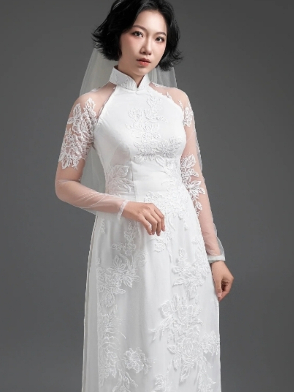 Ao Dai Style Ivory Embroidered Lace Overlay Gown
